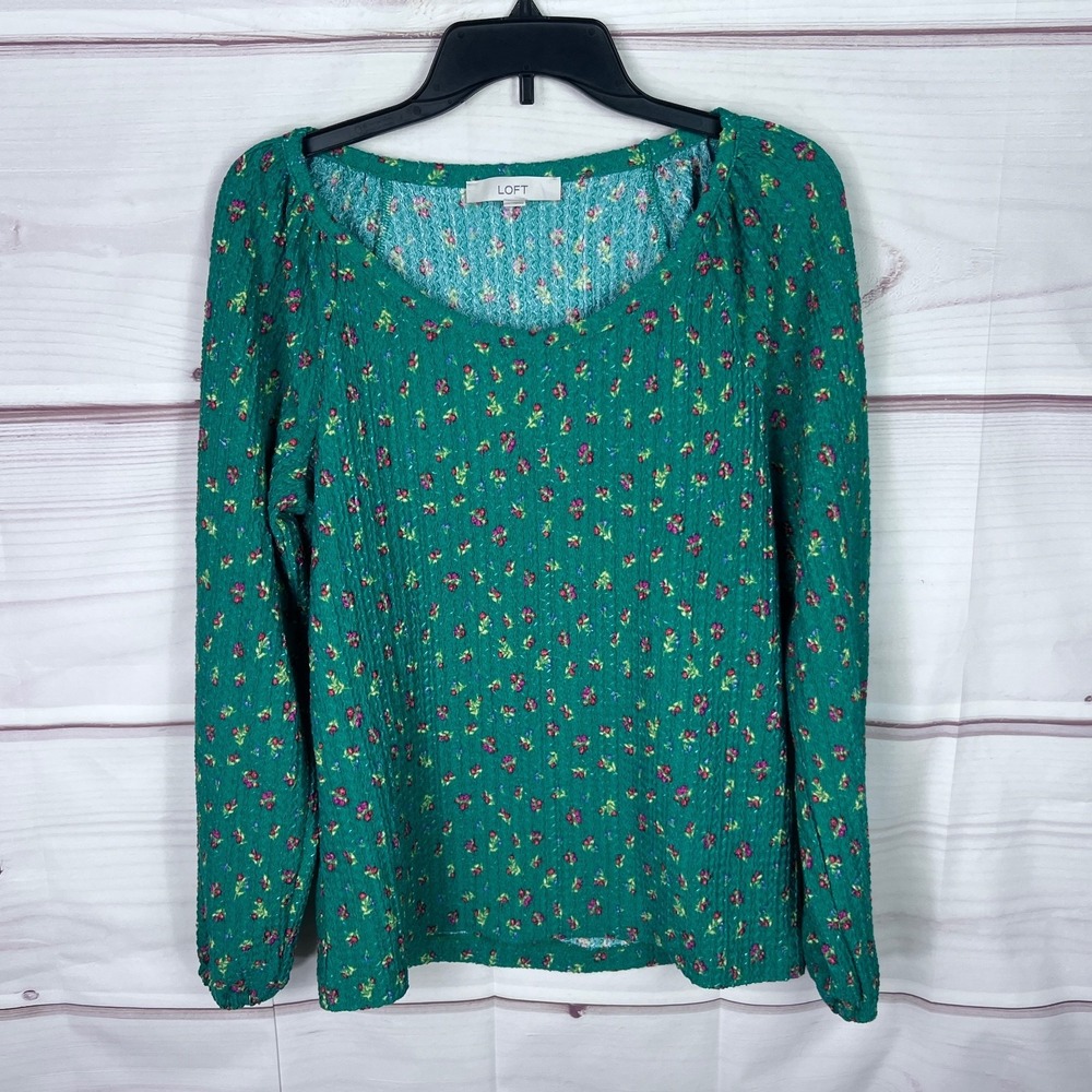 LOFT Top Womens Small Green Floral Blouse Scoop Neck Textured Knit Long Sleeve